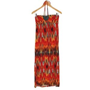 Y2K Halter Neck Beaded Strapless‎ Beach Maxi Dress Medium Tropical Vacation